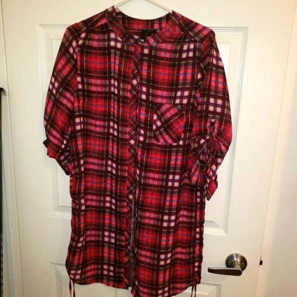 Pink plaid tartan silky flannel tunic button up size 10 - Picture 1 of 4